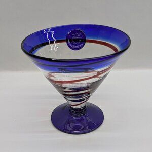 Kosta Boda Royal Caribbean Cobalt Blue Red Swirl Martini Glass Handblown Art
